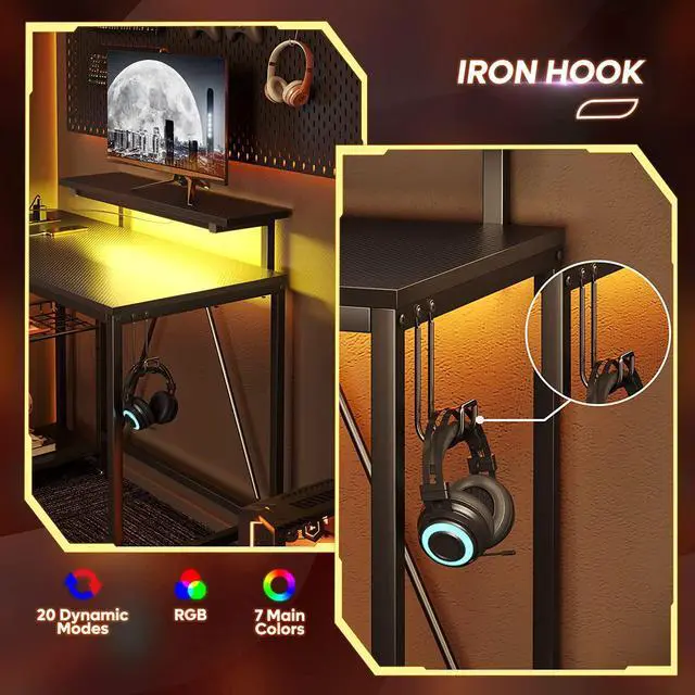 Alt view image 6 of 7 - Small Gaming Desk with Power Outlets,42 L Shaped LED Computer Desk with Monitor Stand Reversible Storage Shelves,Corner Gamer Desk with Headset Hooks USB Charging Port,Carbon Fiber Black