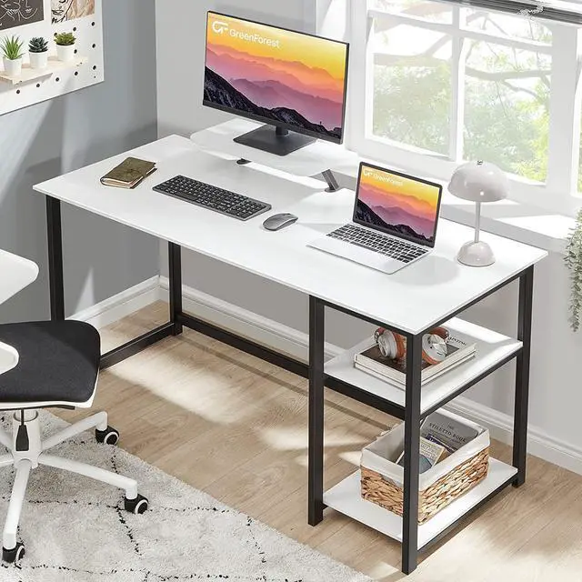 Alt view image 2 of 7 - GreenForest Computer Desk with Monitor Stand,47 inch Home Office Desk with Reversible Storage Shelves,Modern Writing Desk Study PC Laptop Work Table,White