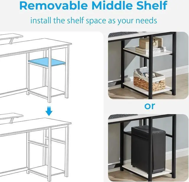 Alt view image 6 of 7 - GreenForest Computer Desk with Monitor Stand,47 inch Home Office Desk with Reversible Storage Shelves,Modern Writing Desk Study PC Laptop Work Table,White