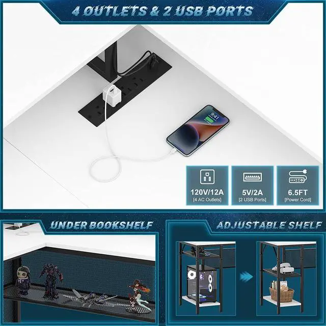 Alt view image 3 of 7 - Unikito L Shaped Computer Desk with LED Strip and Power Outlets, Reversible Corner Desk with Monitor Stand and Storage Shelf, Modern Gaming Home Office Table with USB Ports, White