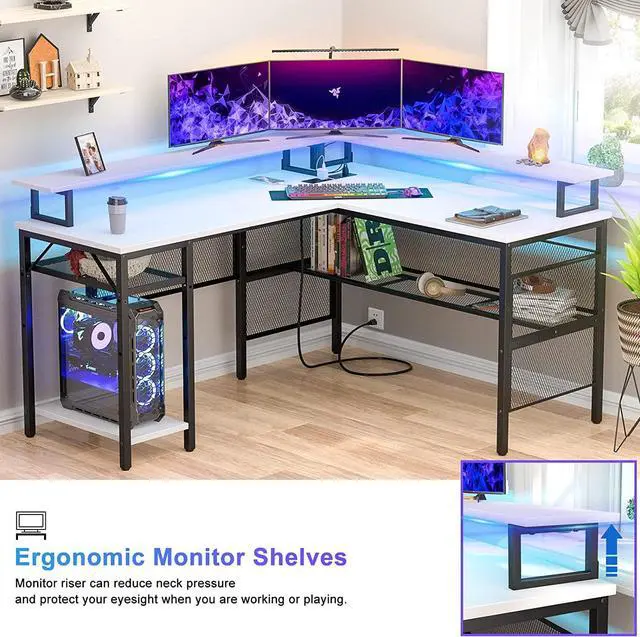 Alt view image 4 of 7 - Unikito L Shaped Computer Desk with LED Strip and Power Outlets, Reversible Corner Desk with Monitor Stand and Storage Shelf, Modern Gaming Home Office Table with USB Ports, White