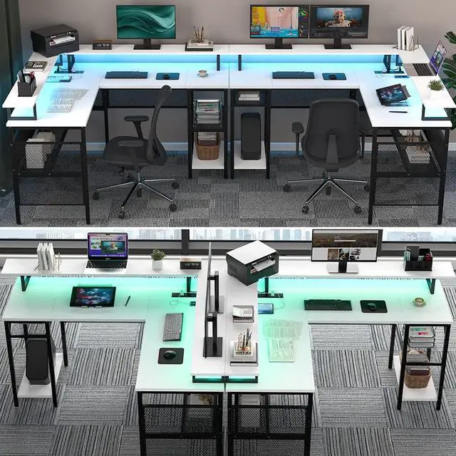 Alt view image 7 of 7 - Unikito L Shaped Computer Desk with LED Strip and Power Outlets, Reversible Corner Desk with Monitor Stand and Storage Shelf, Modern Gaming Home Office Table with USB Ports, White