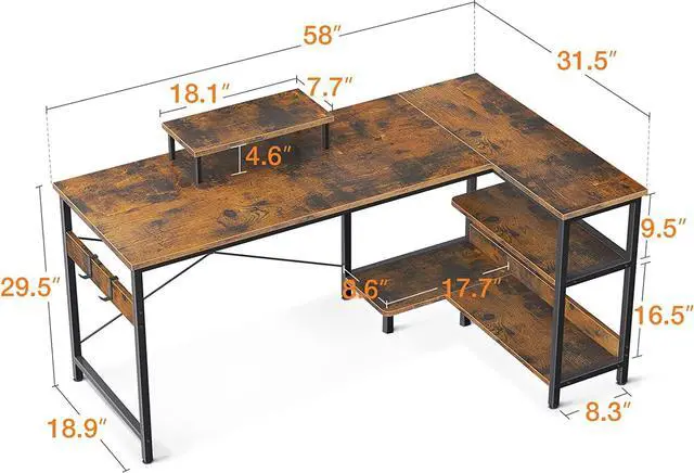 Alt view image 3 of 7 - ODK Small L Shaped Computer Desk with Reversible Storage Shelves, 58 Inch L-Shaped Corner Desk with Monitor Stand for Small Space, Modern Simple Writing Study Table for Home Office, Rustic Brown