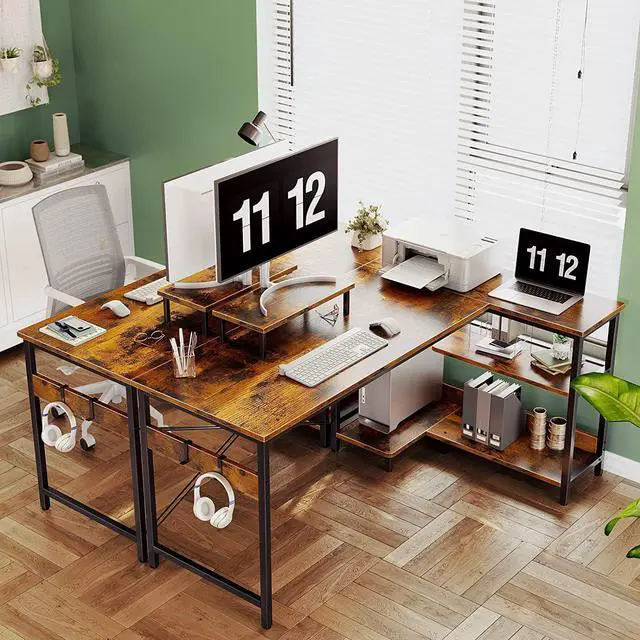 Alt view image 4 of 7 - ODK Small L Shaped Computer Desk with Reversible Storage Shelves, 58 Inch L-Shaped Corner Desk with Monitor Stand for Small Space, Modern Simple Writing Study Table for Home Office, Rustic Brown
