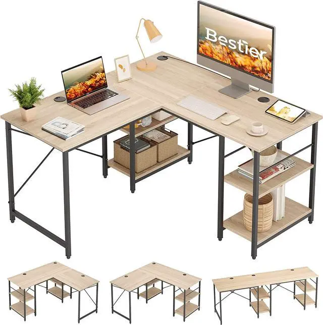 Main image of Bestier L Shaped Desk with Shelves 86.6 Inch Reversible Corner Computer Desk or 2 Person Long Table for Home Office Large Gaming Writing Storage Workstation P2 Board with 3 Cable Holes, Oak