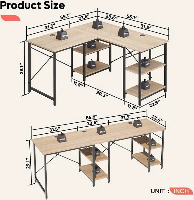 Alt view image 3 of 7 - Bestier L Shaped Desk with Shelves 86.6 Inch Reversible Corner Computer Desk or 2 Person Long Table for Home Office Large Gaming Writing Storage Workstation P2 Board with 3 Cable Holes, Oak