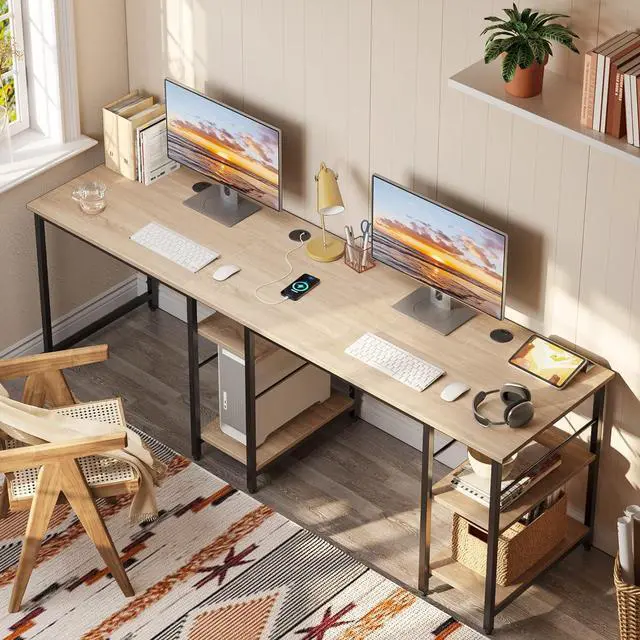 Alt view image 4 of 7 - Bestier L Shaped Desk with Shelves 86.6 Inch Reversible Corner Computer Desk or 2 Person Long Table for Home Office Large Gaming Writing Storage Workstation P2 Board with 3 Cable Holes, Oak