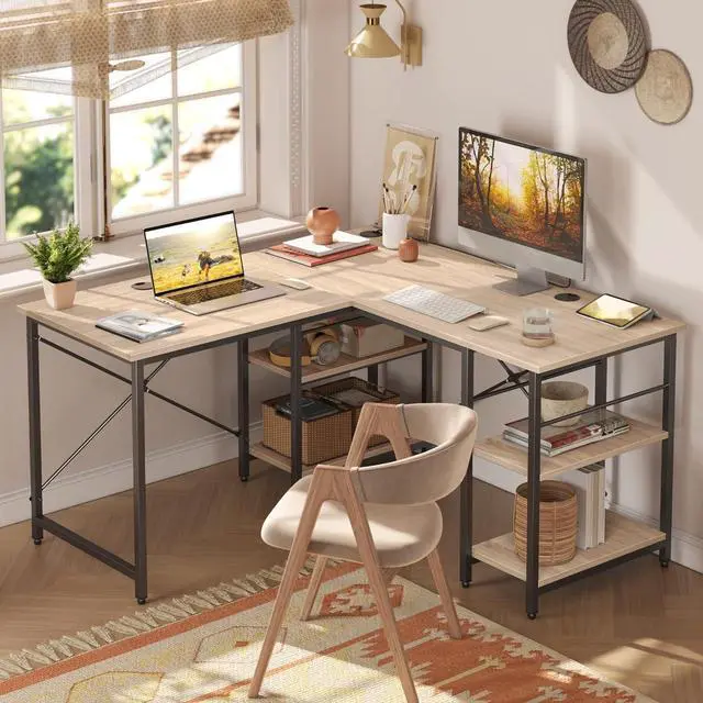 Alt view image 2 of 7 - Bestier L Shaped Desk with Shelves 86.6 Inch Reversible Corner Computer Desk or 2 Person Long Table for Home Office Large Gaming Writing Storage Workstation P2 Board with 3 Cable Holes, Oak