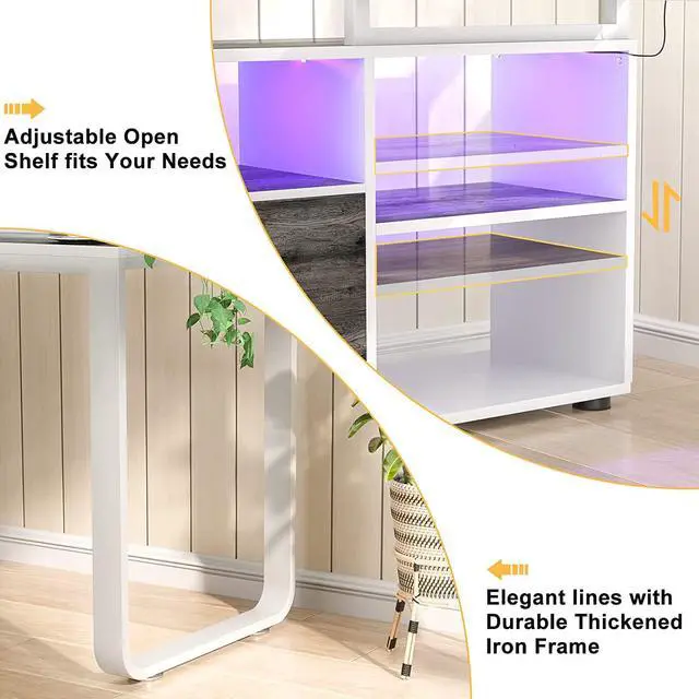Alt view image 5 of 6 - L Shaped Desk with File Cabinet & Power Outlet, Reversible 55 Inch Large Corner Computer Desks with LED Strip, L-Shaped Computer Desk with Drawers and Storage Shelves, Grey & White