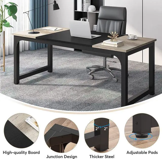 Alt view image 5 of 5 - Tribesigns 70.8Executive Desk, Large Office Computer Desk with Thicken Frame, Modern Simple Workstation Business Furniture for Home Office, Vintage Grey/Black