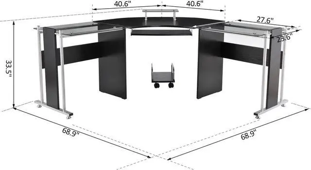 Alt view image 3 of 7 - HOMCOM 69" Modern L-Shaped Tempered Glass Office Computer Desk with Elevated Monitor Stand, Rolling CPU Holder, Pull Out Keyboard Tray and Steel Frame, Black
