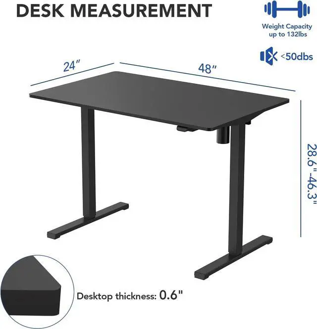Alt view image 3 of 7 - FLEXISPOT Standing Desk 48 x 24 Inches Whole-Piece Desk Board Electric Stand Up Desk Height Adjustable Desk for Home Office Sit Stand Desk(Black Frame + 48" Black Top)