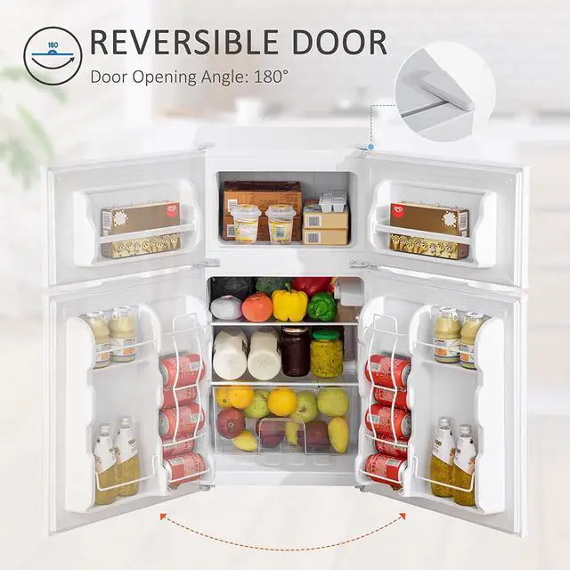 Alt view image 6 of 7 - HOMCOM 3.2 Cu.Ft Mini Fridge with Freezer, Double Door Compact Refrigerator with Adjustable Thermostat, Shelf and Reversible Door for Bedroom, Dorm, Home Office, Energy Efficient, White