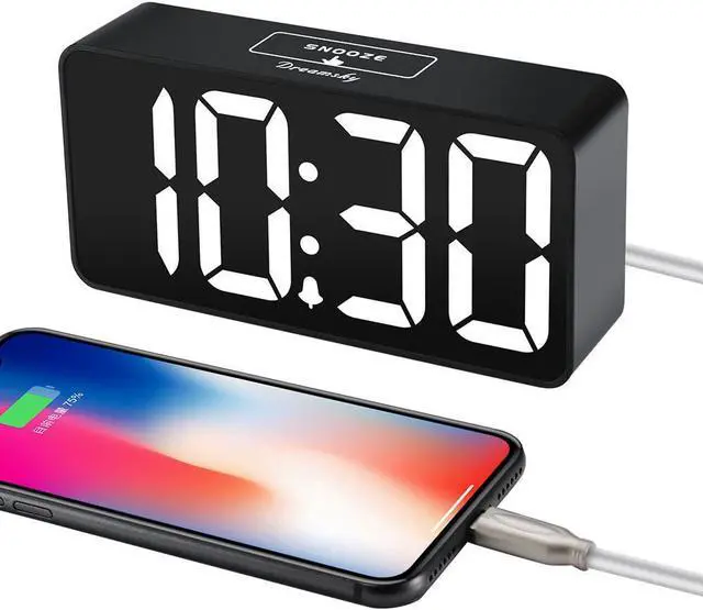 Alt view image 4 of 7 - DreamSky Compact Digital Alarm Clock with USB Charging Port, 0-100% Brightness Dimmer, Large Bold Number Display, Adjustable Alarm Volume, 12/24Hr, Snooze, Small Desk Clocks for Bedroom Bedside