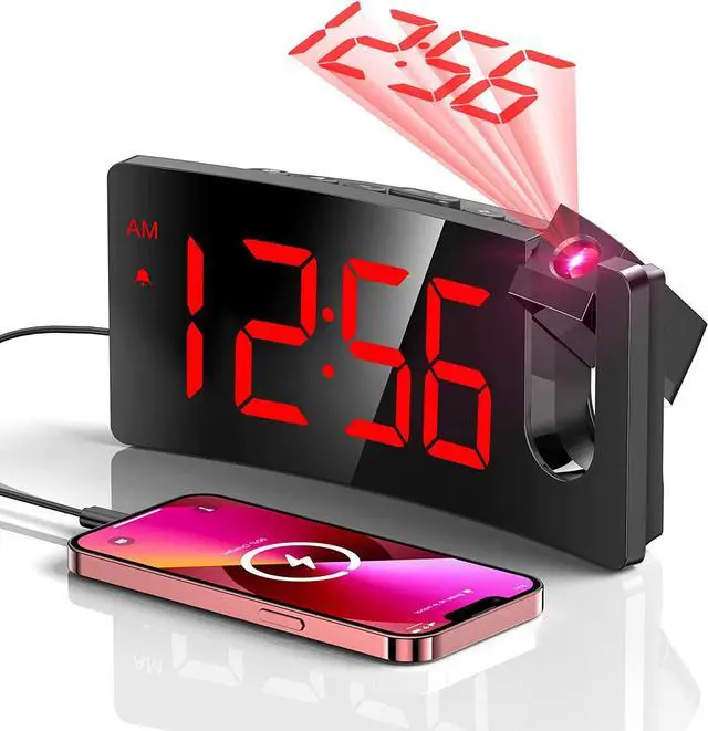 Main image of Projection Alarm Clock, Digital Clock with 180° Rotatable Projector, 3-Level Brightness Dimmer, Clear LED Display, USB Charger, Progressive Volume, 9mins Snooze,12/24H, Digital Alarm Clock for Bedroom