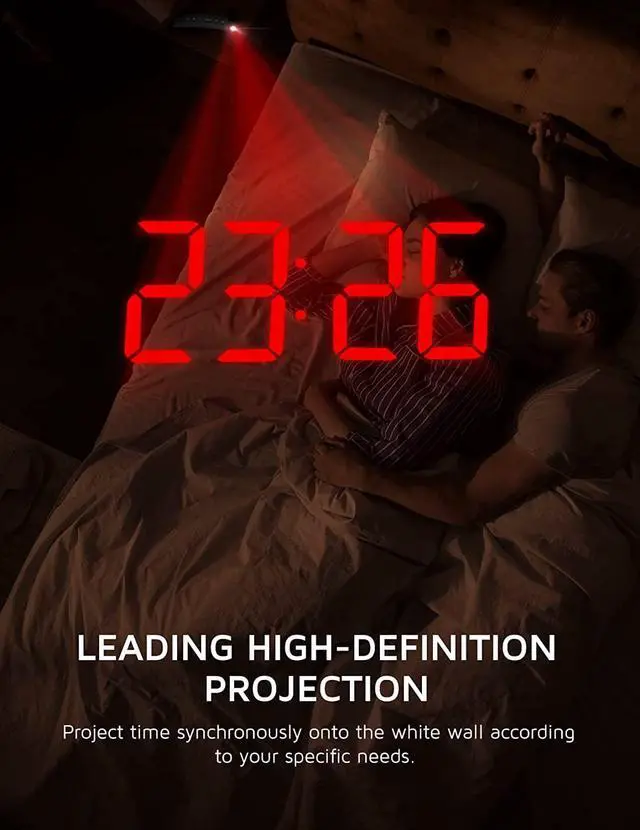 Alt view image 3 of 7 - Projection Alarm Clock, Digital Clock with 180° Rotatable Projector, 3-Level Brightness Dimmer, Clear LED Display, USB Charger, Progressive Volume, 9mins Snooze,12/24H, Digital Alarm Clock for Bedroom