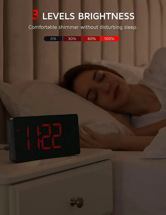 Alt view image 4 of 7 - Projection Alarm Clock, Digital Clock with 180° Rotatable Projector, 3-Level Brightness Dimmer, Clear LED Display, USB Charger, Progressive Volume, 9mins Snooze,12/24H, Digital Alarm Clock for Bedroom