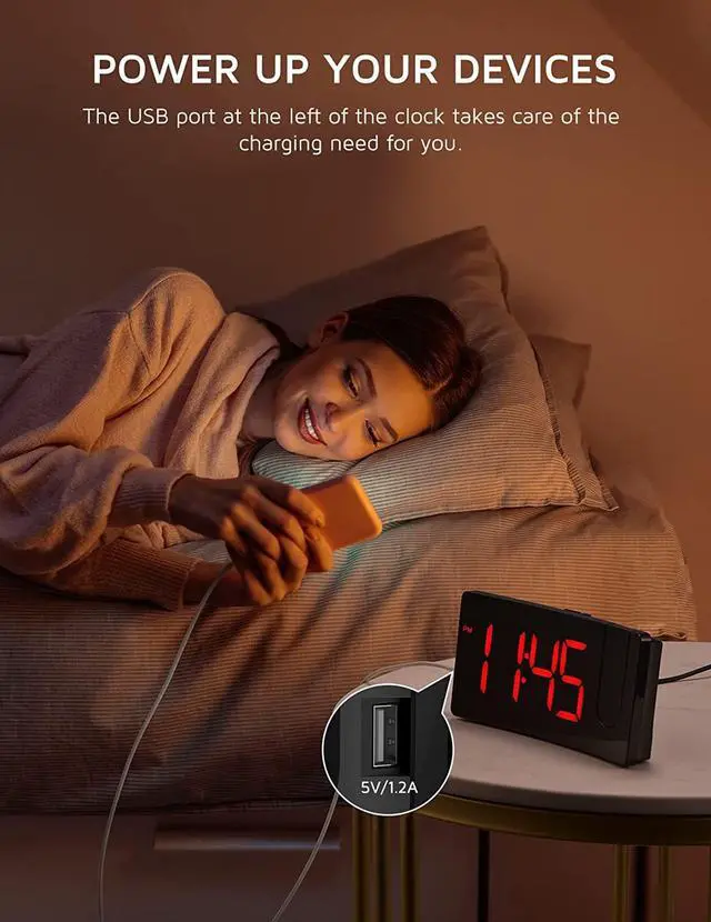 Alt view image 5 of 7 - Projection Alarm Clock, Digital Clock with 180° Rotatable Projector, 3-Level Brightness Dimmer, Clear LED Display, USB Charger, Progressive Volume, 9mins Snooze,12/24H, Digital Alarm Clock for Bedroom