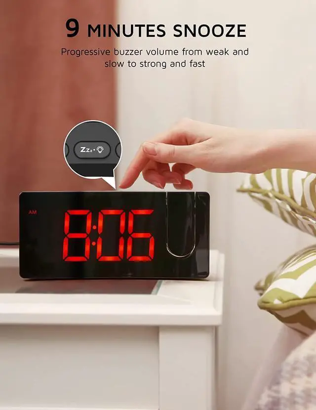 Alt view image 7 of 7 - Projection Alarm Clock, Digital Clock with 180° Rotatable Projector, 3-Level Brightness Dimmer, Clear LED Display, USB Charger, Progressive Volume, 9mins Snooze,12/24H, Digital Alarm Clock for Bedroom