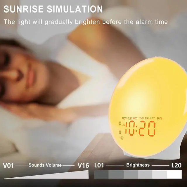 Alt view image 2 of 7 - JALL Wake Up Light Sunrise Alarm Clock for Kids, Bedroom, Full Screen with Sunrise Simulation, Dual Alarm, FM Radio, 15 Nightlights, 8 Sounds, Sleep Timer