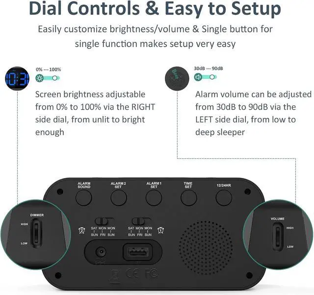 Alt view image 2 of 7 - Digital Dual Alarm Clock for Bedroom, Easy to Set, 0-100% Dimmer, USB Charger, 5 Sounds Adjustable Volume, Weekday/Weekend Mode, Snooze, 12/24Hr, Battery Backup, Compact for Bedside(Blue)