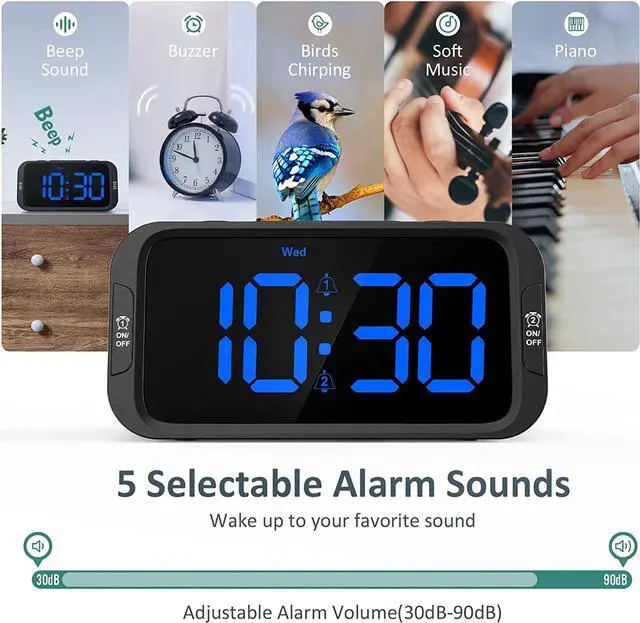 Alt view image 4 of 7 - Digital Dual Alarm Clock for Bedroom, Easy to Set, 0-100% Dimmer, USB Charger, 5 Sounds Adjustable Volume, Weekday/Weekend Mode, Snooze, 12/24Hr, Battery Backup, Compact for Bedside(Blue)