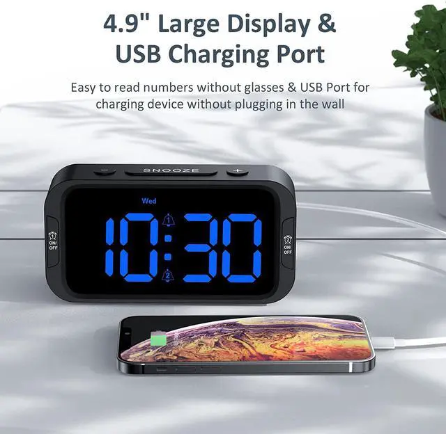 Alt view image 5 of 7 - Digital Dual Alarm Clock for Bedroom, Easy to Set, 0-100% Dimmer, USB Charger, 5 Sounds Adjustable Volume, Weekday/Weekend Mode, Snooze, 12/24Hr, Battery Backup, Compact for Bedside(Blue)