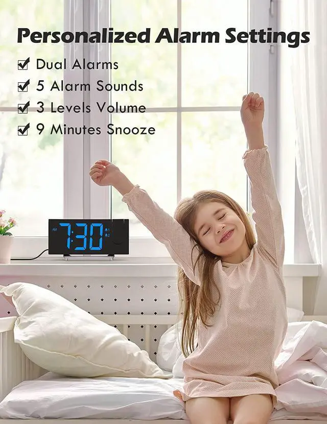 Alt view image 6 of 6 - Alarm Clocks for Bedrooms, Multifunctional Clock with FM Radio & Projection, 0-100% Dimmer & Radio Volume, Curved Screen, Dual Alarms, USB Charger, Crystal LED Display, 5 Alarm Sounds, Non-slip Base
