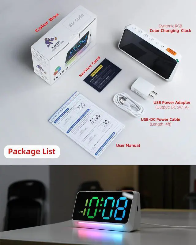 Alt view image 5 of 7 - [RGB] Super Loud Alarm Clock for Bedroom, Heavy Sleepers, Adults | Dynamic RGB Color Changing Clock for Teens, Kids | Small Bedside Digital Clock with LED Display, Atmosphere Light, USB Charger