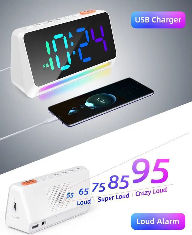 Alt view image 7 of 7 - [RGB] Super Loud Alarm Clock for Bedroom, Heavy Sleepers, Adults | Dynamic RGB Color Changing Clock for Teens, Kids | Small Bedside Digital Clock with LED Display, Atmosphere Light, USB Charger