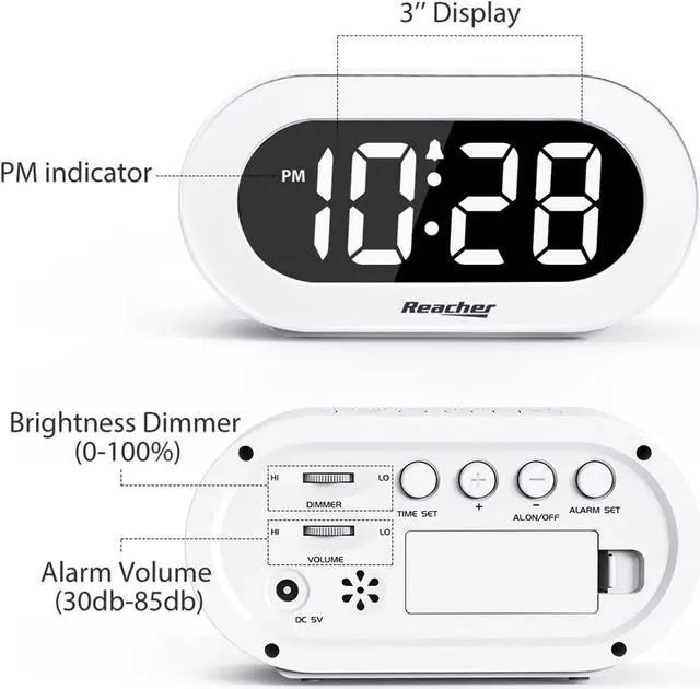 Alt view image 4 of 7 - REACHER Small LED Digital Alarm Clock with Snooze, Simple to Operate, Full Range Brightness Dimmer, Adjustable Alarm Volume, Outlet Powered Compact Clock for Bedrooms, Bedside, Desk, Shelf(White)
