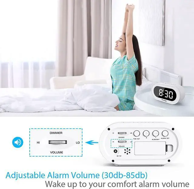 Alt view image 6 of 7 - REACHER Small LED Digital Alarm Clock with Snooze, Simple to Operate, Full Range Brightness Dimmer, Adjustable Alarm Volume, Outlet Powered Compact Clock for Bedrooms, Bedside, Desk, Shelf(White)