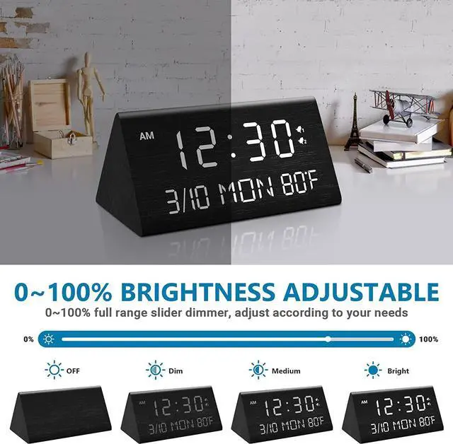 Alt view image 2 of 7 - Wooden Digital Alarm Clock, 0-100% Dimmer, 2 Alarm Settings, Weekday/Everyday Mode, 9 Mins Snooze, 12/24H, Temperature and Date Display for Office, Travel, Bedroom Alarm Clock (Black)