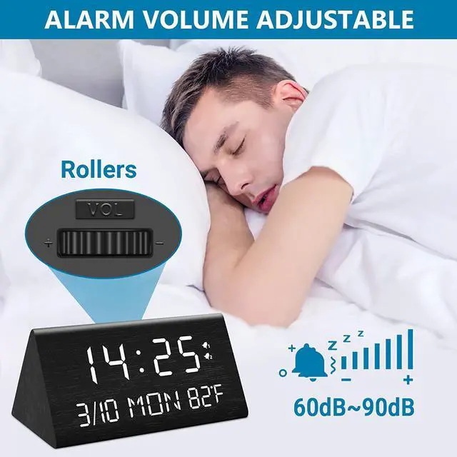 Alt view image 4 of 7 - Wooden Digital Alarm Clock, 0-100% Dimmer, 2 Alarm Settings, Weekday/Everyday Mode, 9 Mins Snooze, 12/24H, Temperature and Date Display for Office, Travel, Bedroom Alarm Clock (Black)