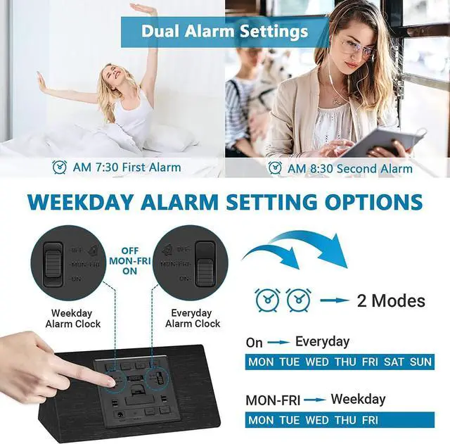 Alt view image 3 of 7 - Wooden Digital Alarm Clock, 0-100% Dimmer, 2 Alarm Settings, Weekday/Everyday Mode, 9 Mins Snooze, 12/24H, Temperature and Date Display for Office, Travel, Bedroom Alarm Clock (Black)