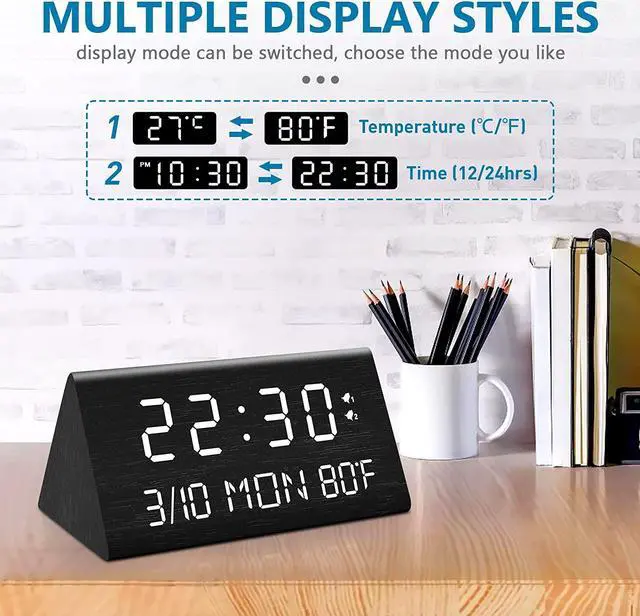 Alt view image 5 of 7 - Wooden Digital Alarm Clock, 0-100% Dimmer, 2 Alarm Settings, Weekday/Everyday Mode, 9 Mins Snooze, 12/24H, Temperature and Date Display for Office, Travel, Bedroom Alarm Clock (Black)