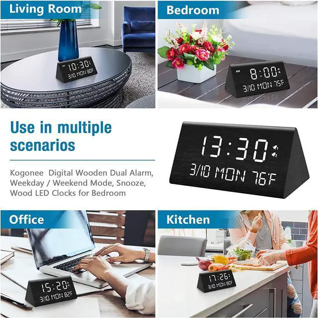 Alt view image 7 of 7 - Wooden Digital Alarm Clock, 0-100% Dimmer, 2 Alarm Settings, Weekday/Everyday Mode, 9 Mins Snooze, 12/24H, Temperature and Date Display for Office, Travel, Bedroom Alarm Clock (Black)