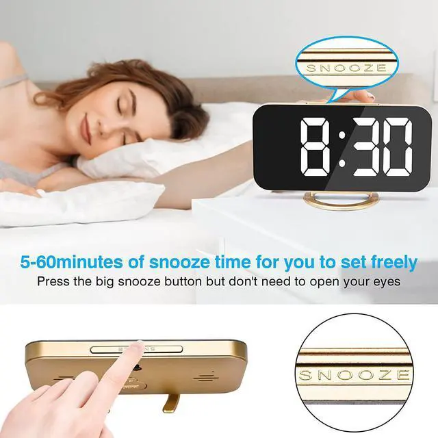 Alt view image 3 of 7 - Digital Alarm Clock,6" Large LED Display with Dual USB Charger Ports | Auto Dimmer Mode | Easy Snooze Function, Modern Mirror Desk Wall Clock for Bedroom Home Office for All People (Gold)