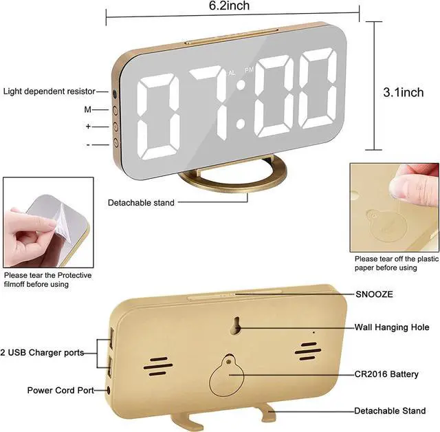 Alt view image 6 of 7 - Digital Alarm Clock,6" Large LED Display with Dual USB Charger Ports | Auto Dimmer Mode | Easy Snooze Function, Modern Mirror Desk Wall Clock for Bedroom Home Office for All People (Gold)