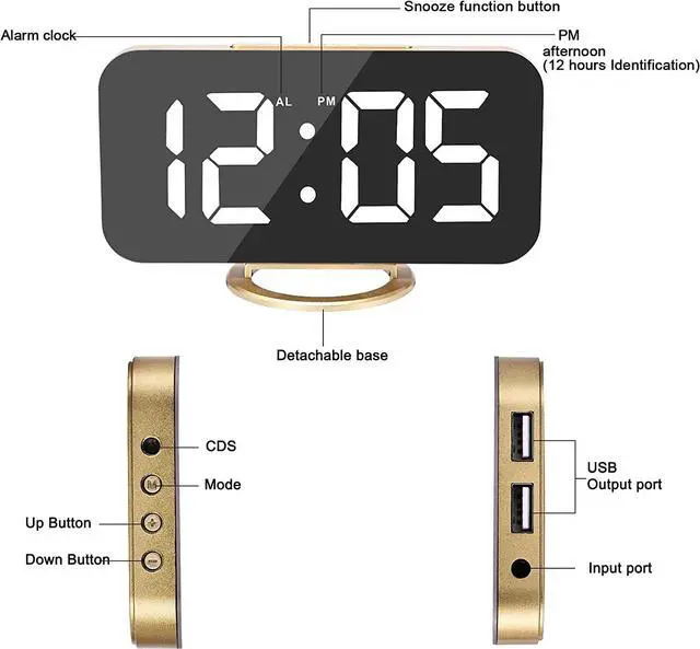 Alt view image 7 of 7 - Digital Alarm Clock,6" Large LED Display with Dual USB Charger Ports | Auto Dimmer Mode | Easy Snooze Function, Modern Mirror Desk Wall Clock for Bedroom Home Office for All People (Gold)