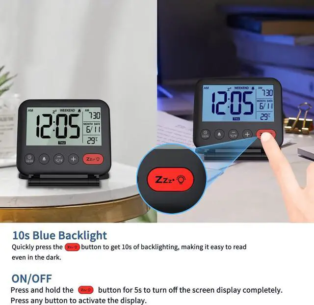 Alt view image 5 of 7 - NOKLEAD Digital Travel Alarm Clock for Bedroom Office - 3.14 inch Display, 10s Backlight, 9 Mins Snooze, 12/24H, Weekend Mode, Date and Temp, Battery Include (Black)