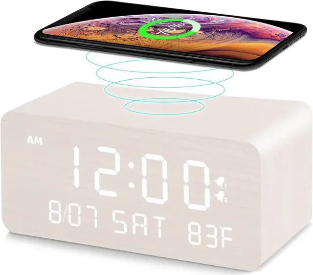 Main image of Andoolex Wooden Digital Alarm Clock with Wireless Charging, 0-100% Adjustable Brightness Dimmer and Volume, Weekday/Weekend Mode, Dual Alarm, Snooze, 12/24H, Wood LED Clock for Bedroom (White)