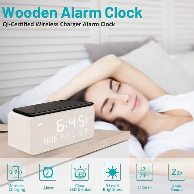 Alt view image 2 of 7 - Andoolex Wooden Digital Alarm Clock with Wireless Charging, 0-100% Adjustable Brightness Dimmer and Volume, Weekday/Weekend Mode, Dual Alarm, Snooze, 12/24H, Wood LED Clock for Bedroom (White)