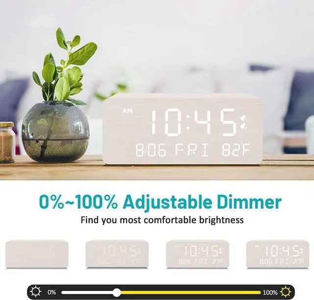 Alt view image 4 of 7 - Andoolex Wooden Digital Alarm Clock with Wireless Charging, 0-100% Adjustable Brightness Dimmer and Volume, Weekday/Weekend Mode, Dual Alarm, Snooze, 12/24H, Wood LED Clock for Bedroom (White)
