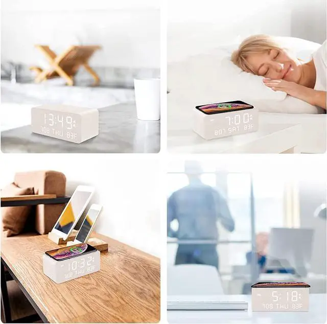 Alt view image 7 of 7 - Andoolex Wooden Digital Alarm Clock with Wireless Charging, 0-100% Adjustable Brightness Dimmer and Volume, Weekday/Weekend Mode, Dual Alarm, Snooze, 12/24H, Wood LED Clock for Bedroom (White)