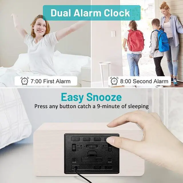Alt view image 5 of 7 - Andoolex Wooden Digital Alarm Clock with Wireless Charging, 0-100% Adjustable Brightness Dimmer and Volume, Weekday/Weekend Mode, Dual Alarm, Snooze, 12/24H, Wood LED Clock for Bedroom (White)