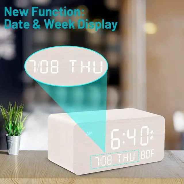 Alt view image 6 of 7 - Andoolex Wooden Digital Alarm Clock with Wireless Charging, 0-100% Adjustable Brightness Dimmer and Volume, Weekday/Weekend Mode, Dual Alarm, Snooze, 12/24H, Wood LED Clock for Bedroom (White)