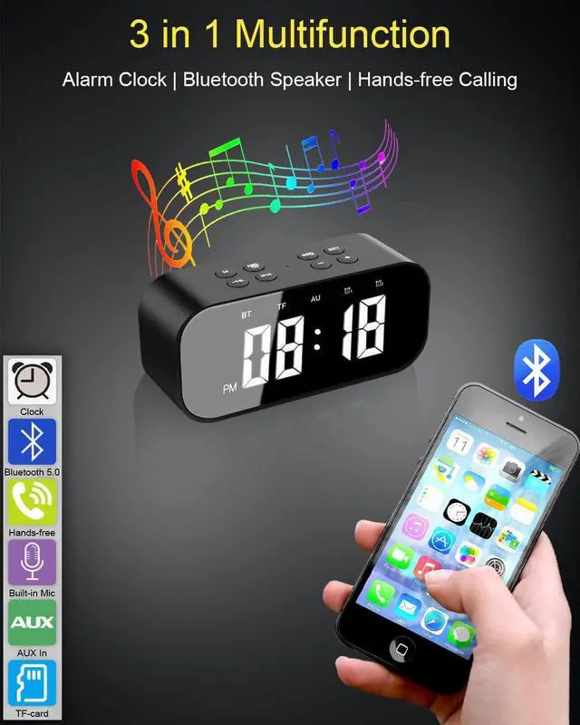 Alt view image 2 of 6 - Alarm Clock for Bedroom/Office,Digital Clock with Bluetooth Speaker,Small Alarm Clock for Heavy Sleepers Adults/Teens with Dual Alarms,Mirror LED Display,Hands-Free Calling.(12H Format)