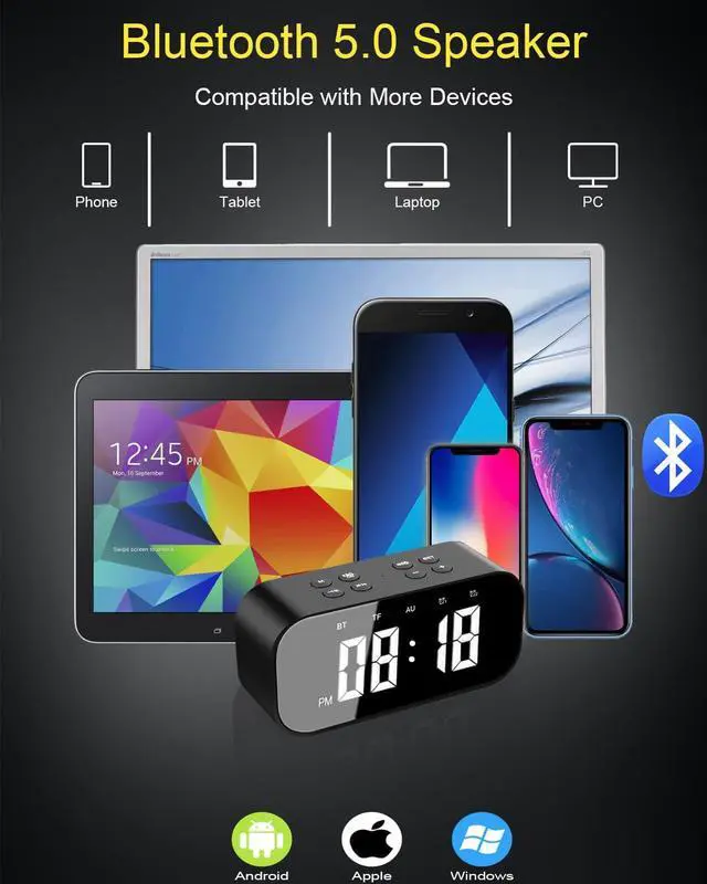 Alt view image 4 of 6 - Alarm Clock for Bedroom/Office,Digital Clock with Bluetooth Speaker,Small Alarm Clock for Heavy Sleepers Adults/Teens with Dual Alarms,Mirror LED Display,Hands-Free Calling.(12H Format)