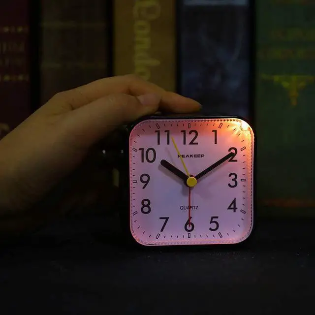 Alt view image 5 of 7 - Peakeep Small Battery Operated Analog Travel Alarm Clock Silent No Ticking, Lighted on Demand and Snooze, Beep Sounds, Gentle Wake, Ascending Alarm, Easy Set (Black)